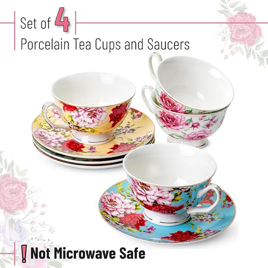 BTaT- Floral Tea Cups and Saucers Set of 4 (7 oz), Porcelain Tea Cup Sets, Assorted Colors with Gold Trim & Gift Box, Dishwasher & Freezer Safe