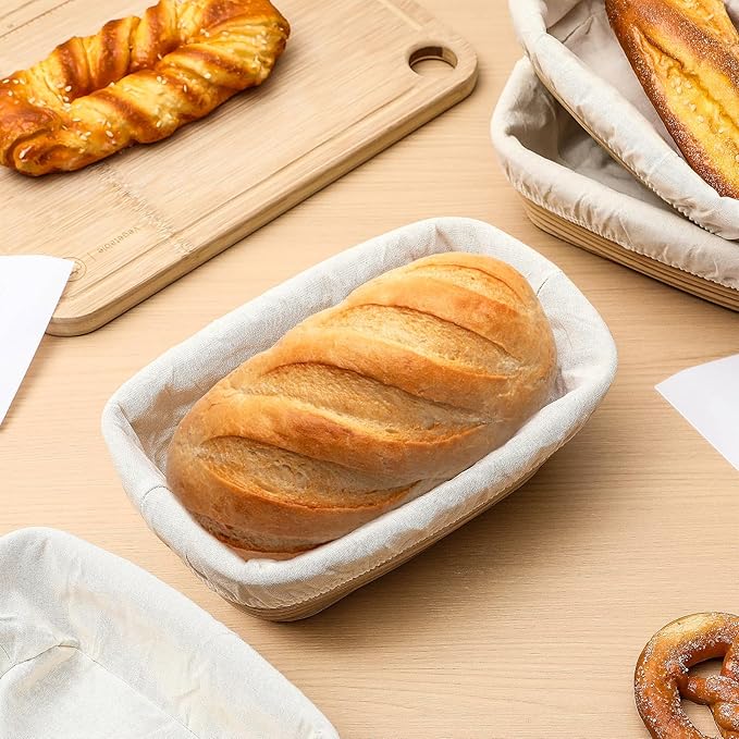 Nuogo 4 Pieces 10 Inch Bread Banneton Proofing Basket Rattan Banneton Dough Proofing Bowls with Liners and Scatters for Home Sourdough Baking (Rectangle)