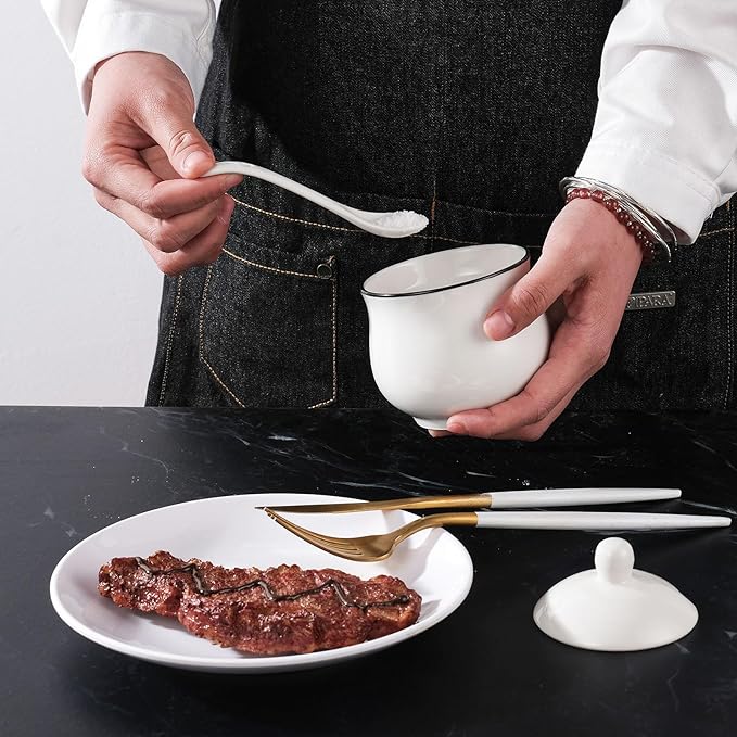 7oz Farmhouse White Ceramic Sugar Bowl with Lid and Spoon Salt Container Jar for Coffee Table Porcelain Condiment Pot for Seasoning with Black Rim