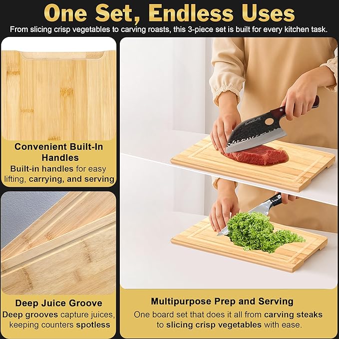 SliceElite Bamboo Cutting Board Set of 3 with Holding Rack and Silicone Feet Non Slip Storage Organizer with Handles Juice Grooves Space Saving Countertop Kitchen Wood Prep Boards Wooden Chopping