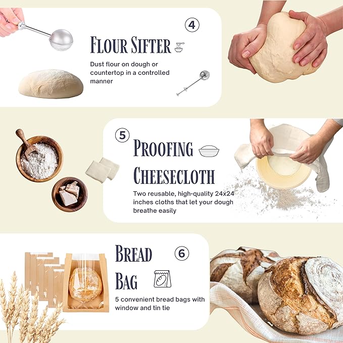 JoeCo Sourdough Starter Kit, Complete Starter-To-Loaf Set with Instructions, Sourdough Starter Jar, Silicone Proofing Baskets, Danish Dough Whisk, Dough Scraper, Bread Lame & Sourdough Baking Supplies