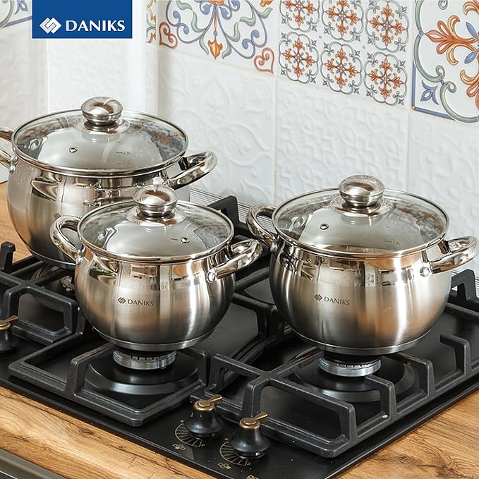 Daniks Classic 2 Quart Stainless Steel Stock Pot with Glass Lid, Tri-Ply Bottom for Even Heating, Induction Compatible, Dishwasher Safe