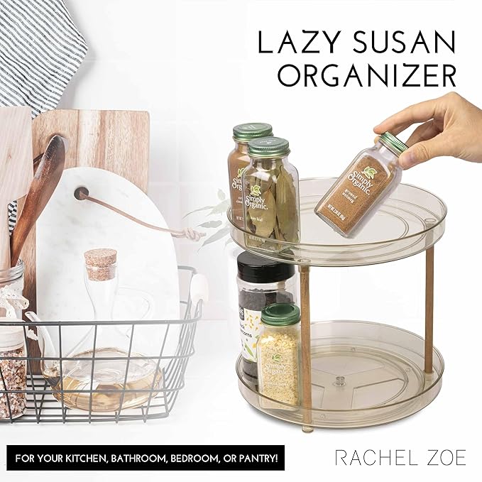 Rachel Zoe 2 Tier Lazy Susan Organizer, Wood Two Tier Lazy Susan Turntable, 360° Spin Tray Organizer, Pantry Spice Organizer for Kitchen, Rotating Bathroom Counter Organizer