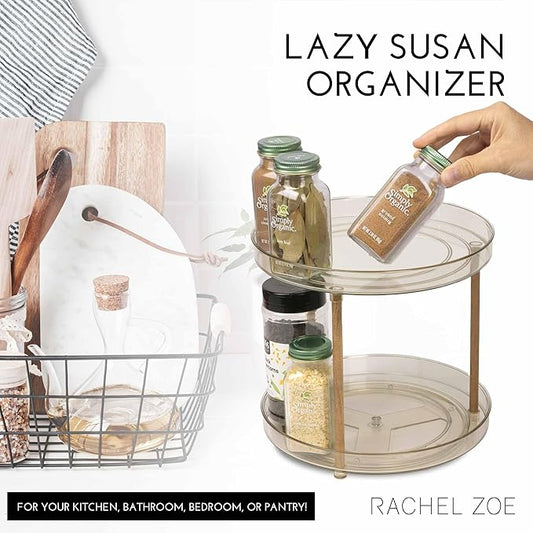 Rachel Zoe 2 Tier Lazy Susan Organizer, Wood Two Tier Lazy Susan Turntable, 360° Spin Tray Organizer, Pantry Spice Organizer for Kitchen, Rotating Bathroom Counter Organizer