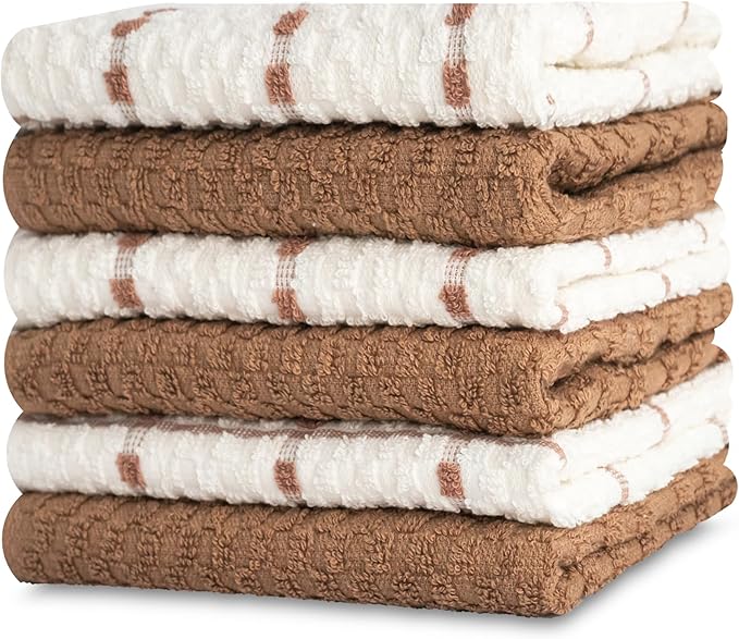 GOLD TEXTILES Kitchen Towels 6 Pack Premium 100% Cotton Dish Towels for Kitchen (15 x 25 Inches) Super Soft & Absorbent Kitchen Hand Towels for Drying Dishes, Cleaning - Reusable and Washable (Brown)