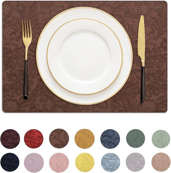 Romanstile Vinyl Placemats Set of 6-12 X 17 Inch - Heat Resistant Non-Slip Embossed Floral Place Mats 100% Waterproof Oilproof Wipeable Faux Leather Table Mats for Kitchen/Dining/Party, Brown