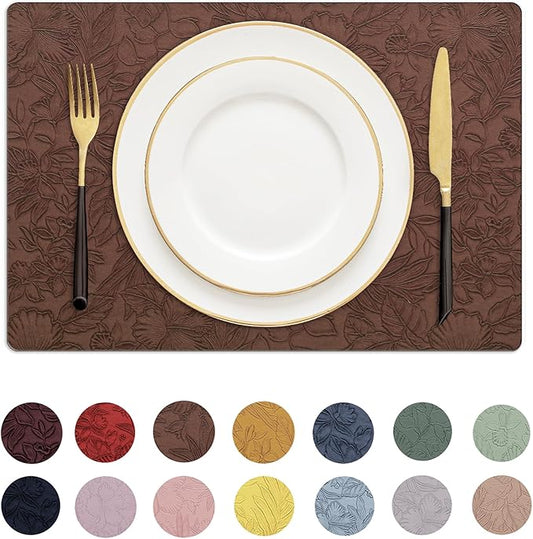 Romanstile Vinyl Placemats Set of 6-12 X 17 Inch - Heat Resistant Non-Slip Embossed Floral Place Mats 100% Waterproof Oilproof Wipeable Faux Leather Table Mats for Kitchen/Dining/Party, Brown
