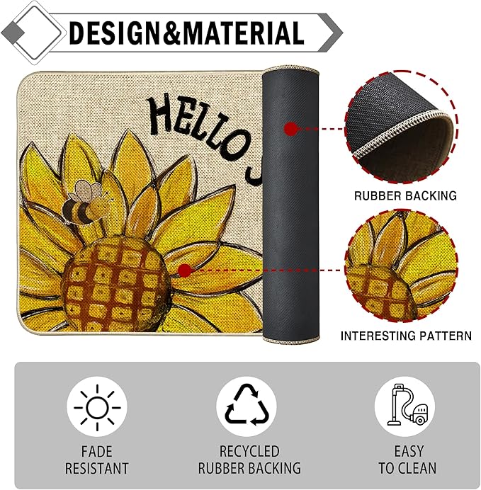 Sunflower Spring Kitchen Mats for Floor Set of 2, Sunshine Flower Summer Floor Mats, Non Slip Rubber Backing Kitchen Floor Mat and Rug Set for Kitchen Sink, Office, Laundry