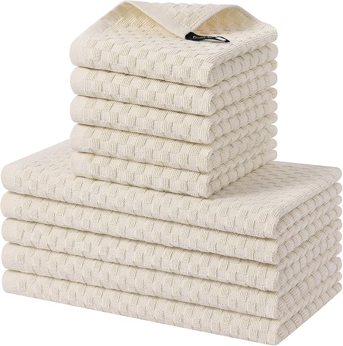 Homaxy 100% Cotton Kitchen Towels and Dishcloths Set, 12 x 12 & 15 x 25 Inches, Set of 10 Bulk Terry Cloth Dish Towels, Super Soft and Absorbent Hand Towel with Hanging Loop, Beige