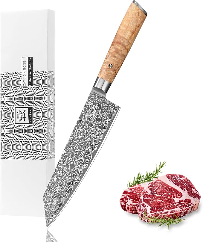 zayiko Kinone Kiritsuke Chef Knife – 7.9-Inch Damascus Kitchen Knife | 67 Layers Steel with VG10 Core | Ergonomic Birch Root Wood Handle | Professional Cooking Tool in Gift Box