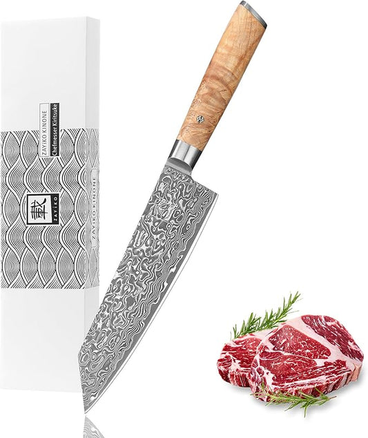 zayiko Kinone Kiritsuke Chef Knife – 7.9-Inch Damascus Kitchen Knife | 67 Layers Steel with VG10 Core | Ergonomic Birch Root Wood Handle | Professional Cooking Tool in Gift Box
