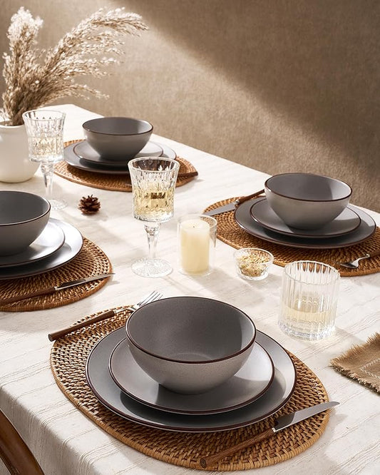 Famiware Venus Speckled Dinnerware Set with Pasta Bowls, Service for 4 (16 Pieces), Stoneware Plates and Double Bowls Sets, Microwave & Dishwasher-Safe Dishes with Trim, Matte Dark Grey