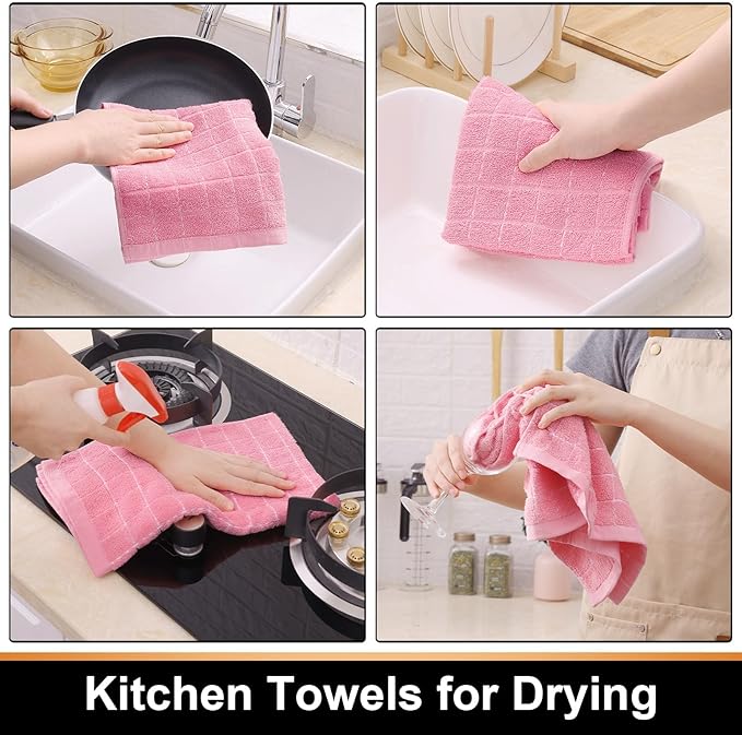 Mordimy 100% Cotton Terry Cloth Kitchen Towels, Super Soft and Absorbent Dish Towels for Drying, Checkered Designed Hand Towels for Kitchen, 16 x 26 Inches, 4 Pack, Pink