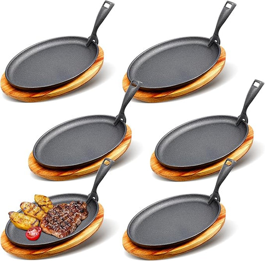 FoldTier 6 Sets Cast Iron Skillet Set 10.63'' x 6.89'' Fajita Plate Sizzling Pan with Wooden Base Anti Scald Protection Removable Handle for Restaurant Kitchen Cooking Accessory BBQ Party