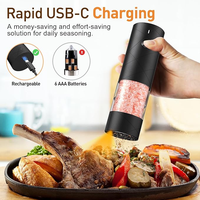 Electric Salt and Pepper Grinder Set, Rechargeable Automatic Pepper Mill Grinder with LED Light Gifts for Women, Adjustable Coarseness shakers, One-Hand Operation for Kitchen Essentials