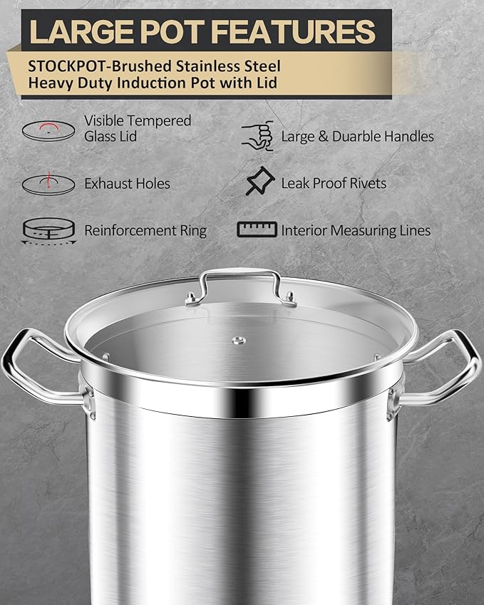 STOCKPOT Stainless Steel 20 Quart Stockpot with Tempered Glass Lid, 3-Ply Base, 8.8 lbs, Polished Finish, Suitable for Stovetop and Oven, Dishwasher Safe
