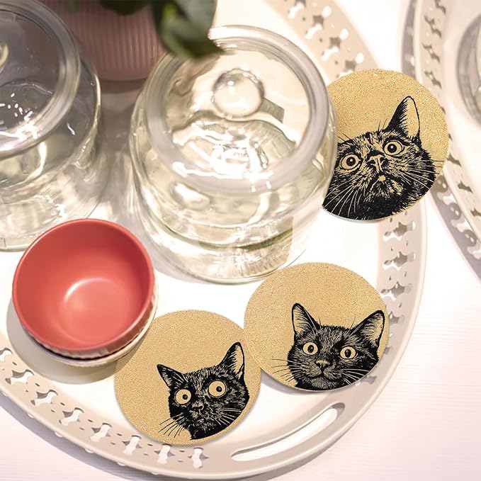 Coasters for Drinks with Holder Set of 6, Curious Cat Cork Coaster Absorbent for Office Desk Cat Table Coasters Kitchen Decor House Warming Gifts for New Home Couples, Round 4"
