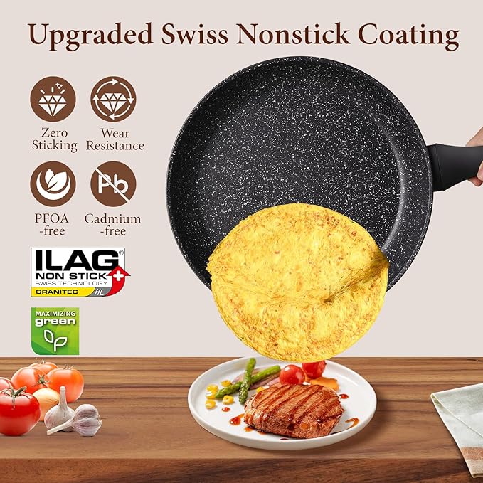 swiflon 10 Inch Nonstick Frying Pan for Eggs & Omelettes, Deep Skillet Pan for Cooking, PFOA-Free Non Toxic Non Stick Frying Pan