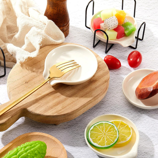 Bokon 8 Pack Ceramic Spoon Rest with Metal Holders Spoon Holder for Stove Top Utensil Rest Household Dipping Sauce Dishes for Kitchen Ladle Tong Fork Housewarming Gifts (White)
