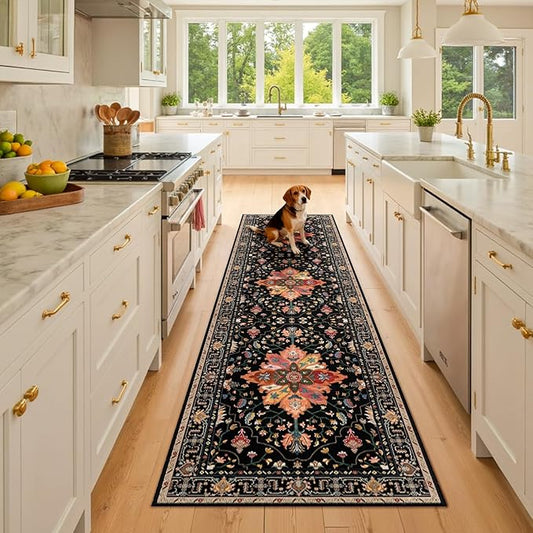 Area Rugs 2'x8' Runner Rug Non Slip Washable for Kitchen Hallway Bedroom Beside Laundry Room Bathroom Rug, Floor Carpet, Black Colorful Floral Dark Tan