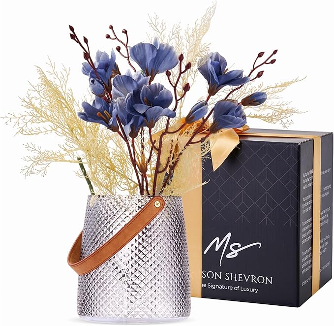 Nordic Handcrafted Glass Flower Vase with Vegan Leather Handle – Diamond Pattern Design – Modern Decorative Centerpiece – Elegant Gift for Weddings, Housewarming, Anniversaries – Stylish Home Décor