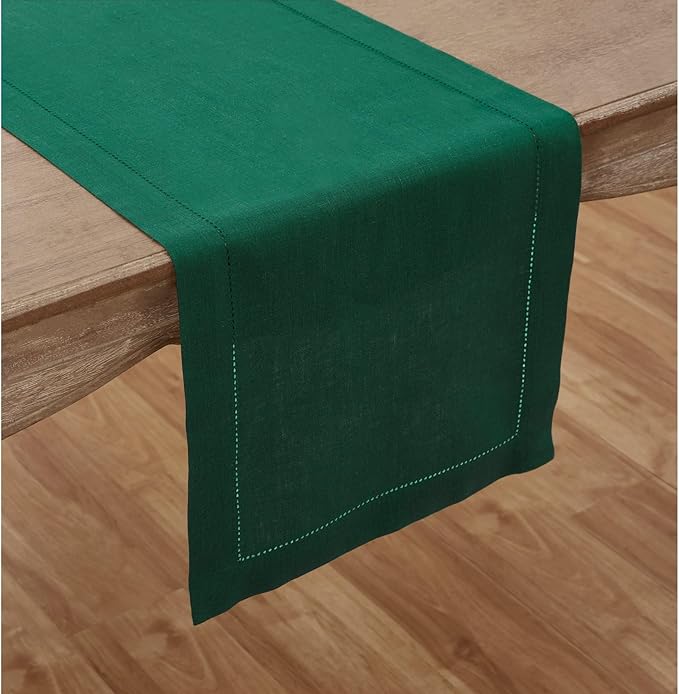 Solino Home Linen Table Runner 108 Inches Long - 100% Pure Linen Rainforest Green Table Runner 14 x 108 Inch for St Patricks Day - Classic Hemstitch