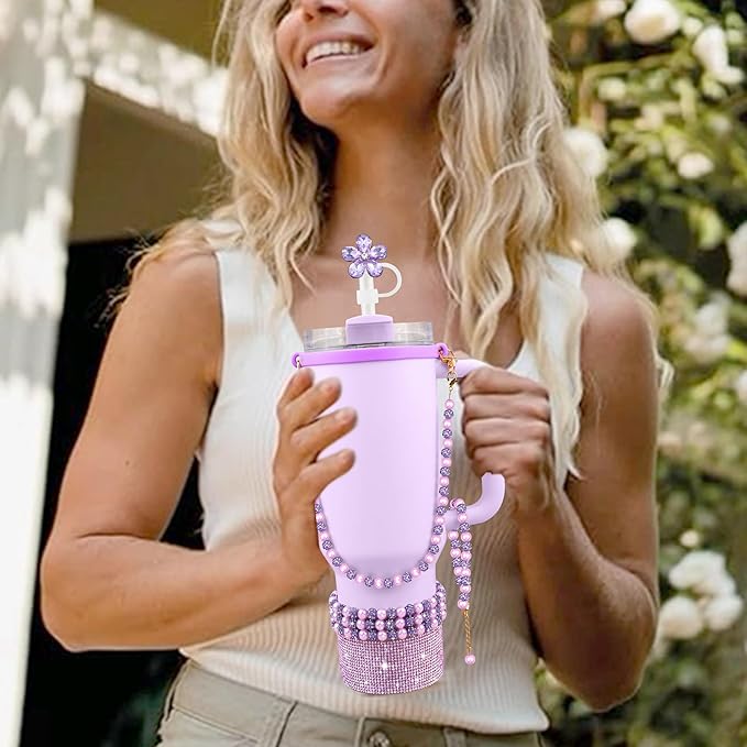 9PCS Purple of Stanley Cup Accessories Set 30/40 OZ Bling Pearl Rhinestones Charms for Stanley Decorations Tumbler Accessories Including Flower Straw Topper, Rhinestones Boot 30/40 OZ