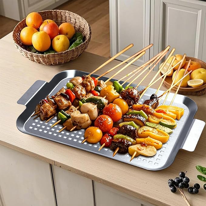 COOK TIME Grill Pan Set of 2, BBQ Grill Topper for Outdoor Grill, Stainless Steel Grilling Baskets with Holes and Handles, Perforated Food Tray Barbecue Accessories for Vegetable, Fish, Small x 2