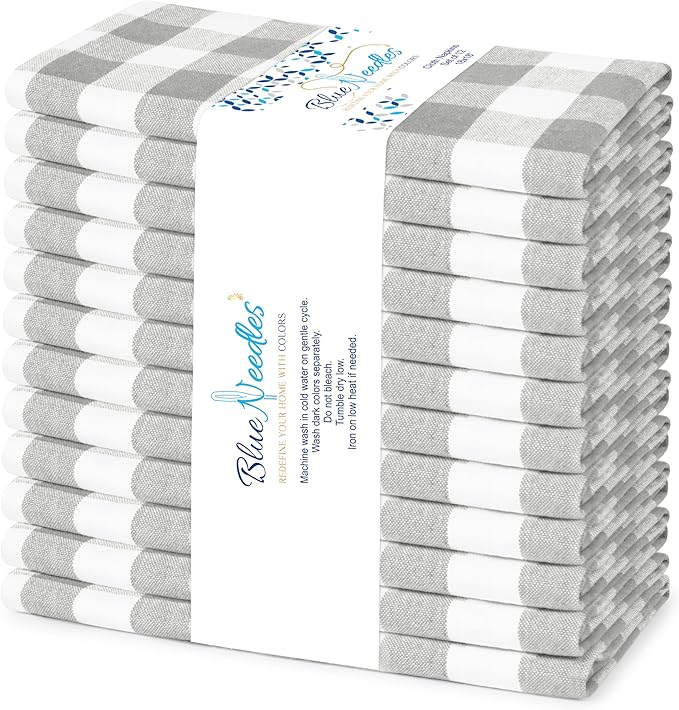 Blue Needles Gingham Buffalo Plaid Cloth Napkins 100% Cotton Set of 12 Dinner Table Napkins 18x18 inch Soft, Reusable, Washable Perfect for Wedding Parties & Everyday Use - Ash Grey & White