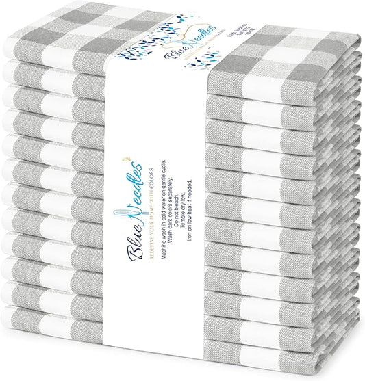 Blue Needles Gingham Buffalo Plaid Cloth Napkins 100% Cotton Set of 12 Dinner Table Napkins 18x18 inch Soft, Reusable, Washable Perfect for Wedding Parties & Everyday Use - Ash Grey & White
