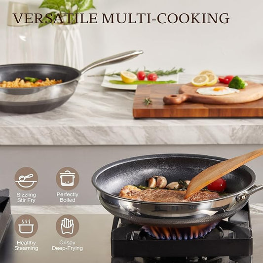 KITEXPERT Non Stick Wok Pan with Lid,12" Titanium Ceramic Pan Nonstick Stainless Steel Stir-fry Pans, PFAS PFOA & PTFE Free, Quick-Cool Handle, Dishwasher & Oven Safe, Compatible with All Cooktops