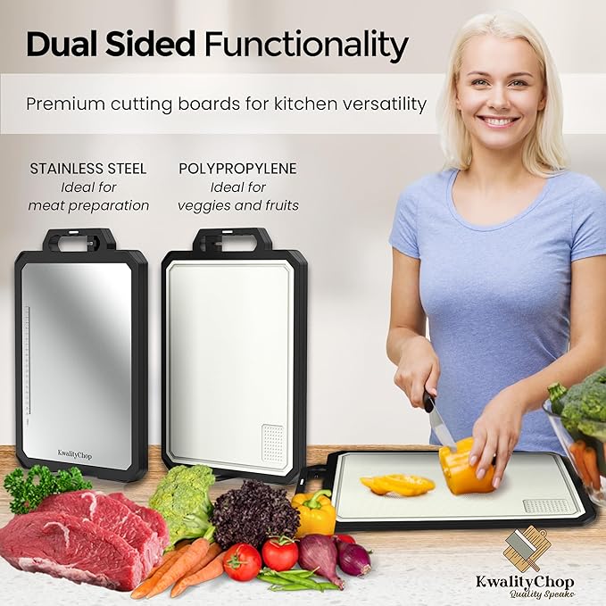 Double-sided Stainless steel cutting board with knife sharpener & stand -17x12" Stainless steel cutting boards for kitchen - Dishwasher Safe cutting boards,chopping board, large cutting board/PP