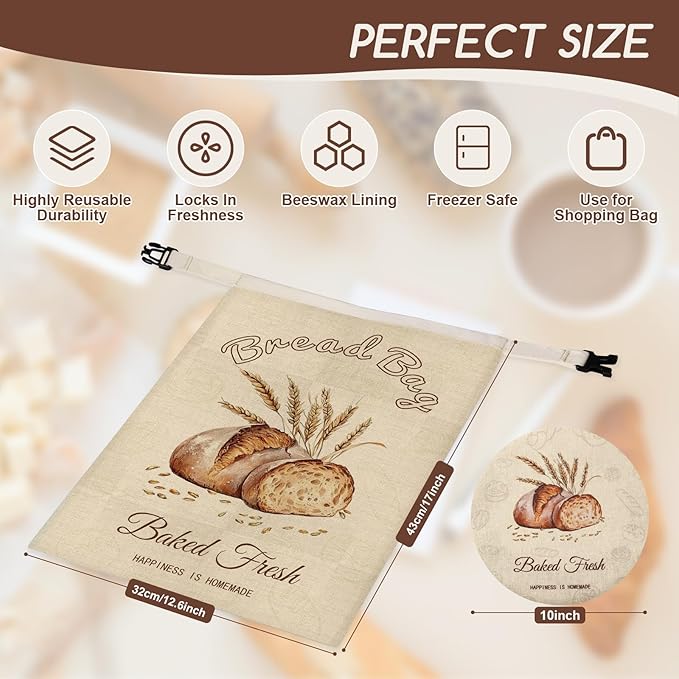 fufeisi Beeswax Bread Bags for Sourdough, 2 Pack Reusable Bread Bag for Storage XL 17x13 Inch, Large Linen Beeswax Bread Bags for Homemade Sourdough with 1 Linen Bowl Cover - Keep Fresh, Freezer Safe