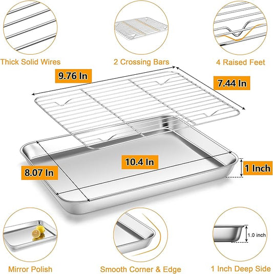 Homikit Baking Sheet with Wire Rack, 10 x 8 Inch Stainless Steel Cookie Sheets for Baking, Small Baking Pan with Cooling Rack, Nonstick Metal Toaster Oven Bacon Tray, Rust Free & Dishwasher Safe