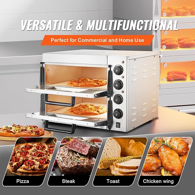 VEVOR Commercial Pizza Oven Countertop, 16" Double Deck Layer, Stainless Steel Electric Pizza Oven with Stone and Handle, Multipurpose Indoor Pizza Maker for Restaurant Home Pretzels Baked
