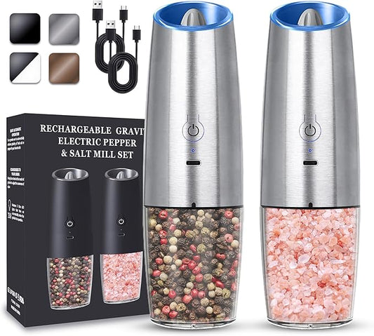 Rechargeable Electric Salt and Pepper Grinder set of 2, gravity electric salt and pepper grinder set, Adjustable Roughness, LED Light, 2 Pack, (Silver)
