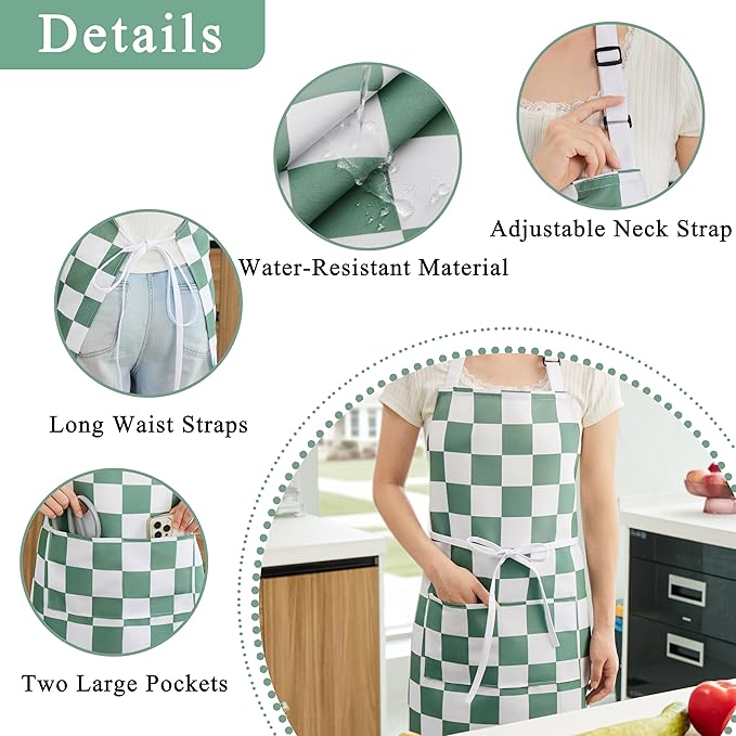 2 Pack Checkered Kitchen Apron, Sage Green Checkerboard Aprons for Women with Pockets, Chef Apron for Men, Waterproof Aprons for Cooking