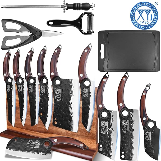 XYJ Authentic Since 1986,Knife Block Set,High Carbon Steel Forged Blades,Kitchen Knives Set with Wooden Magnetic Knife Block,Sharpening Steel,Cutting Board,Cleaver Slicing Knife,Wood Handle