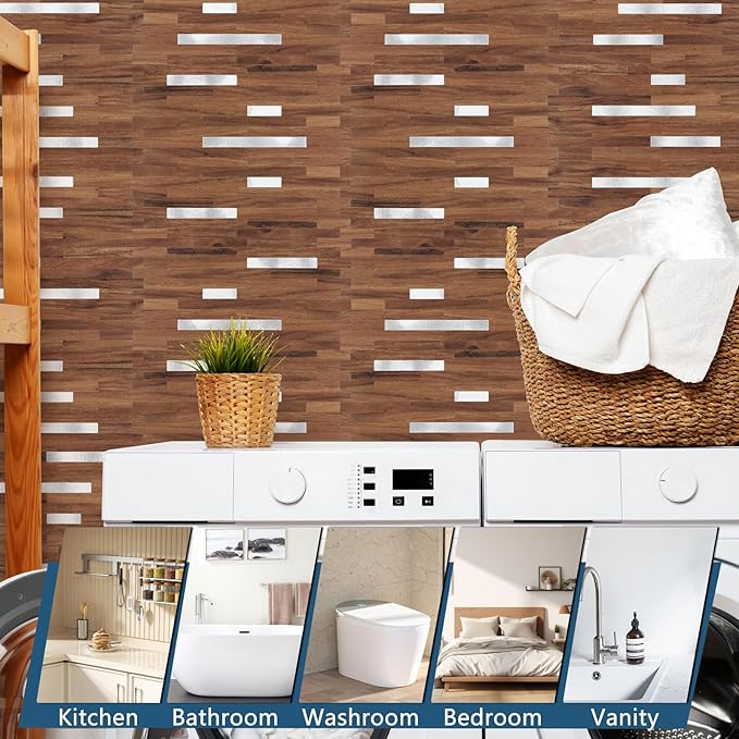 Yipscazo 10 Sheets PVC Wall Tiles Stick on Tiles for Backsplash Kitchen, Bathroom, Laundry Room, Camper, Fireplace (6'' X 12'', Brown Wood)