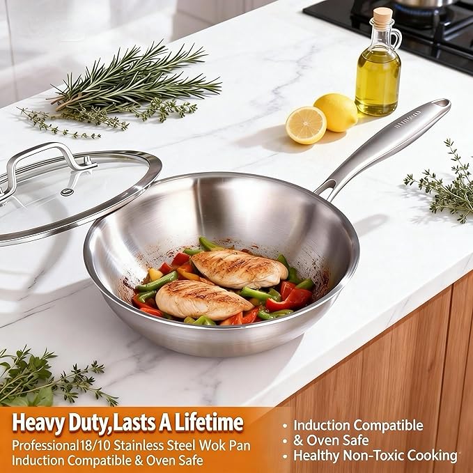 DELARLO Tri-Ply Stainless Steel Woks, 12 Inch Healthy Non-Toxic Cooking Wok Pan with Lid, Wide & Deep Cookware Stir-Fry Pans, Dishwasher and Oven Safe Up To 600°F, Works on Induction