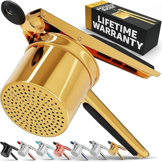 PriorityChef Large 15oz Potato Ricer, Heavy Duty Stainless Steel Potato Masher and Ricer Kitchen Tool, Press and Mash Kitchen Gadget For Perfect Mashed Potatoes - Everytime, Gold and Black