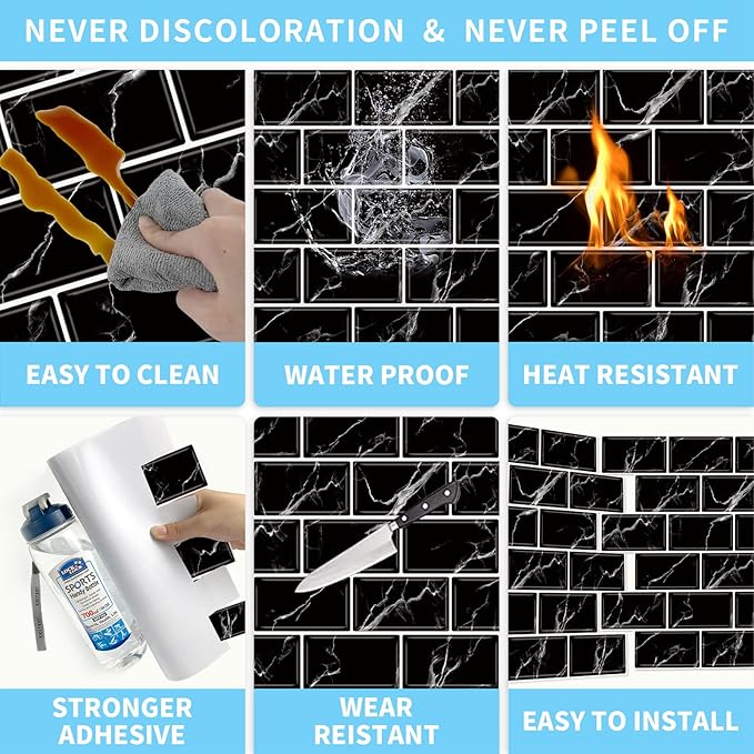 URCOLOR 10-Sheet Back Splashes for Kitchens Peel and Stick,12"x12" Self Adhesive Subway Wall Tiles Stick on backsplash Tiles for Bathroom Black Marble