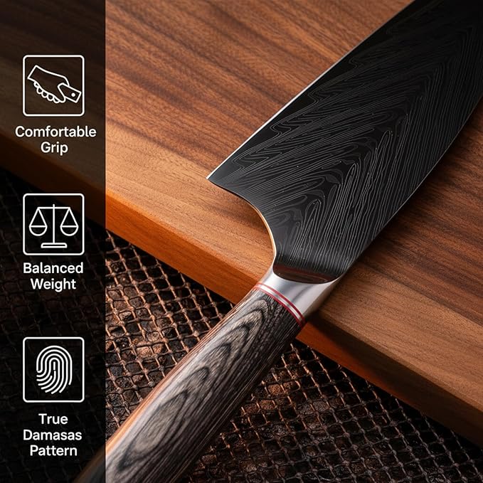 KOFERY Hand Forged Damascus Chef Knife Set with Roll Bag and Sharpener - Ideal for Culinary, Camping and BBQ(Iron-Grey Handle)