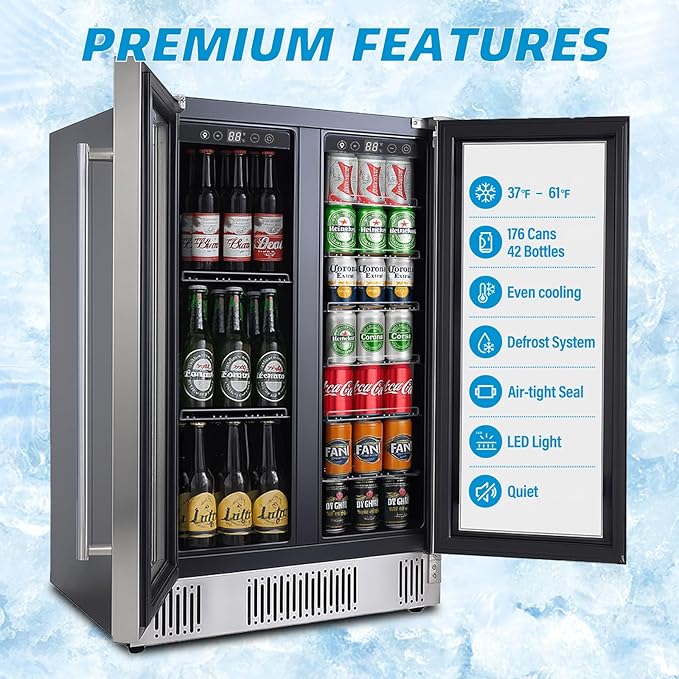 24 inch Beverage Refrigerator Cooler, 5.4 Cubic/176 Can Large Fridge Dual Zone with Glass Front Door, Under Counter Small Refrigerator with Adjustable Shelves and Digital Display