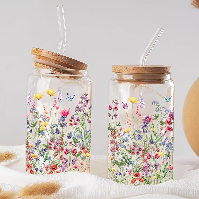 Floral Glass Cups with Lids and Straws 16 Oz Flower Iced Coffee Cup Cute Wildflower Drinking Glasses Birthday Mothers Day Valentines Christmas Flowers Gifts for Women Her Mom Friends