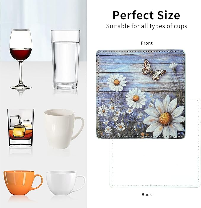 Marble Coasters Square Leather Drinks Coaster Set with Holder for Coffee Table Bar Home Decor 4 Inches Set of 6 (Butterfly, One Size)