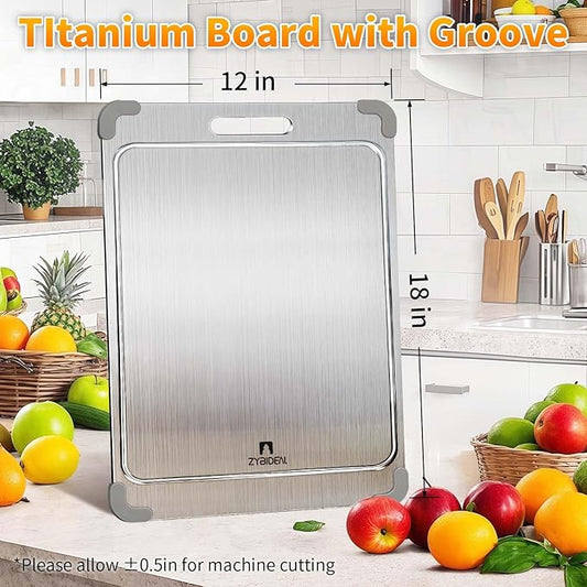 ZYBIDEAL 100% Pure Titanium Cutting Board with Grooves, Update Double Side Titanium Chopping Board, Silicone Anti-slip Stainless Cutting Boards for Kitchen 12 * 18 IN, Grey