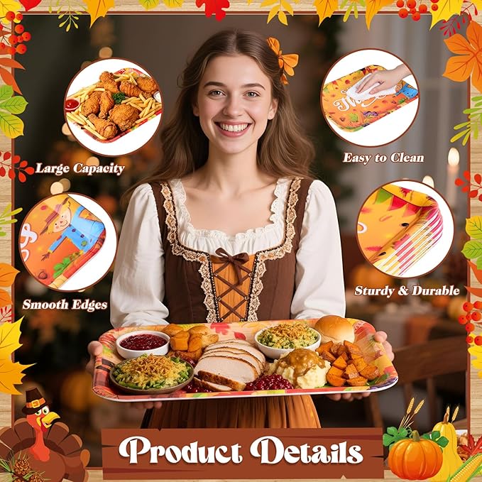 Vesici 4 Pack Thanksgiving Melamine Serving Trays, 13 x 10 Inch Rectangular Autumn Platters with Turkey & Harvest Designs, Durable Serving Plates for Holiday Buffet, Friendsgiving, Snacks & Appetizers