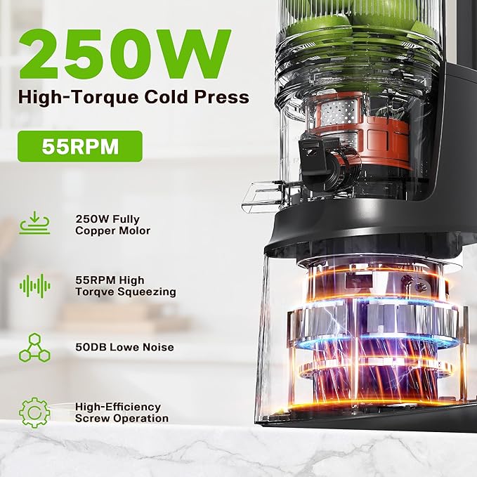 Cold Press Juicer, Juicer Machines with 5.3" Wide Feed Chute, Slow Masticating Juicer for High Yield with Whole Fruits and Vegetables, Easy to Clean, Easy to Assemble.（Gray)