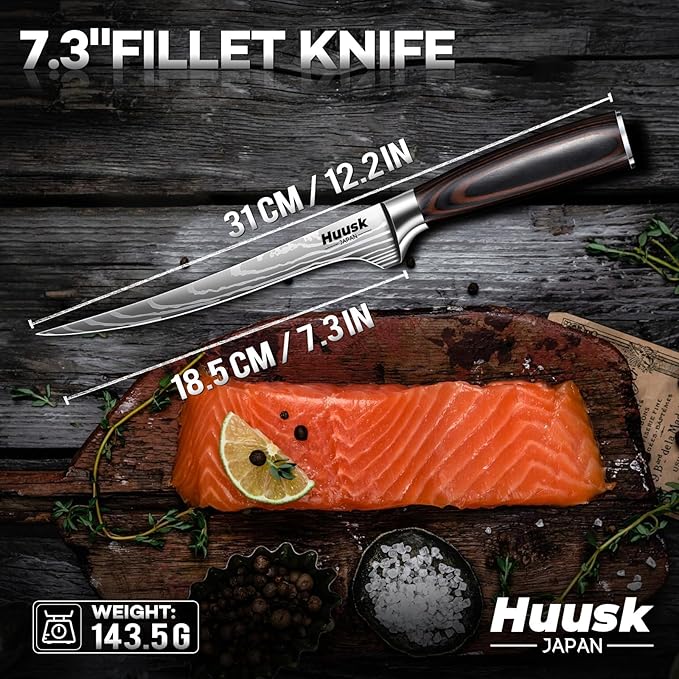 Huusk Filet Knife for Fish - 7 Inch Fish Fillet Knife with Wood Handle, Flexible Boning Knives for Meat Cutting, Professional Japanese Fishing Knives for Meat Poultry Cutting, Christmas Gifts for Men
